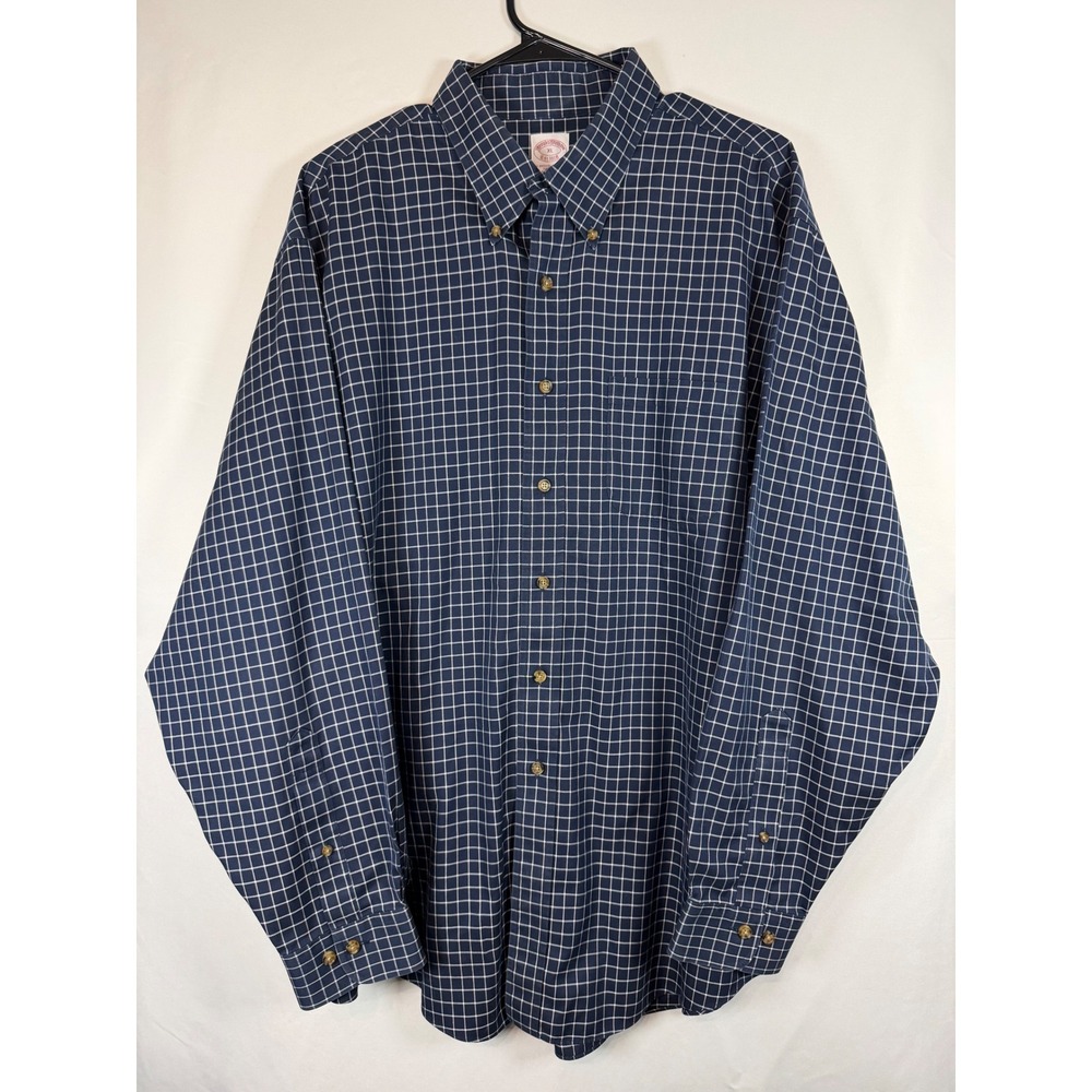 Brooks Brothers Mens XL Non-Iron Cotton Check Button Down Shirt Navy Blue White